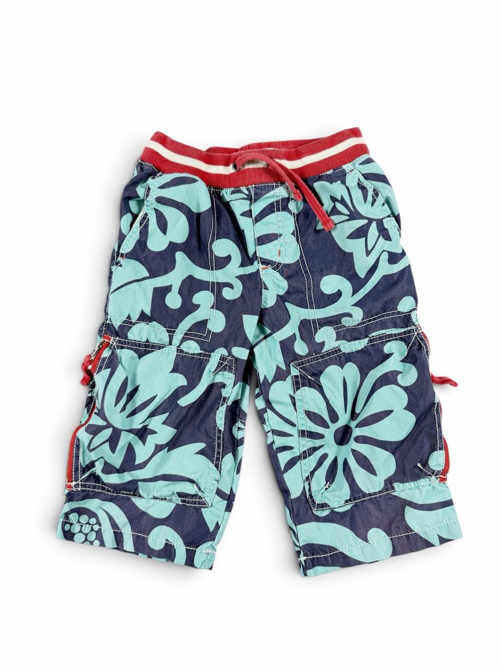 Mini Boden Techno Cargo Shorts Hawaiian Floral Navy Aqua Red Boys Size 7